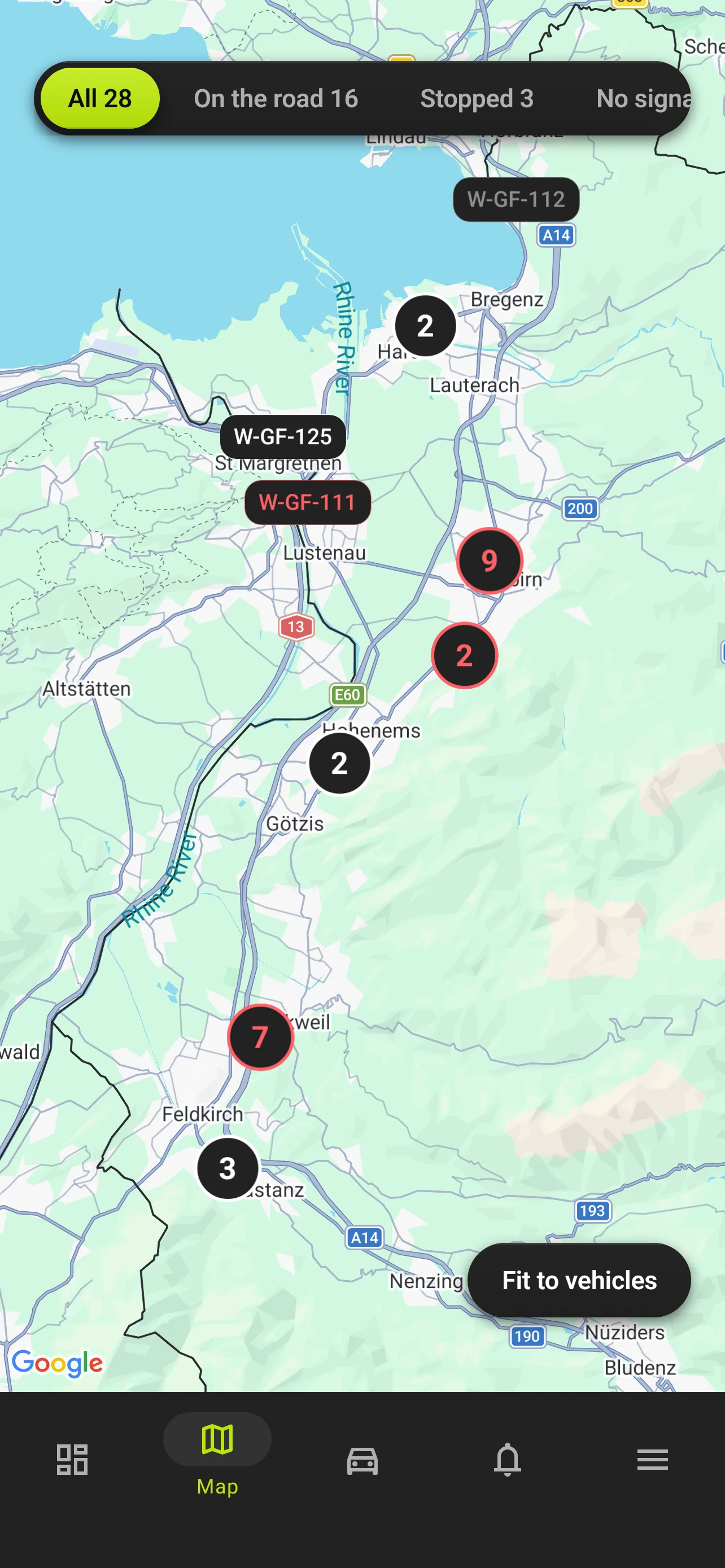 Galzura Fleet live map: plate-labelled vehicles and clusters across the region.